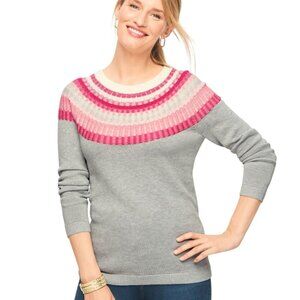 Talbots Rib Yoke Crewneck Sweater Gray Pink Fairisle Size M Cotton Blend 2021